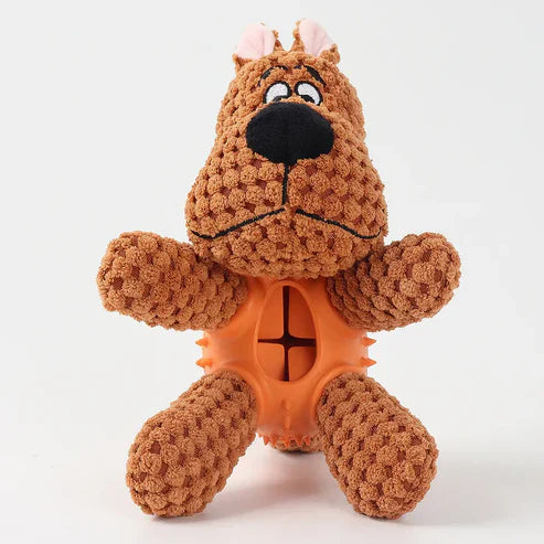 3in1 dog cuddly toy with integrated teeth cleaning toy and treat stash